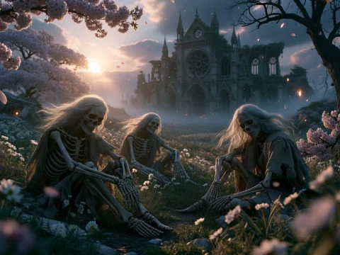 Subject Group Of Three Pale, Skeletal Warriors With Tattered... — Stable Diffusion AI Prompt: SUBJECT: Group of three pale, skeletal warriors with tattered rags sitting in a...