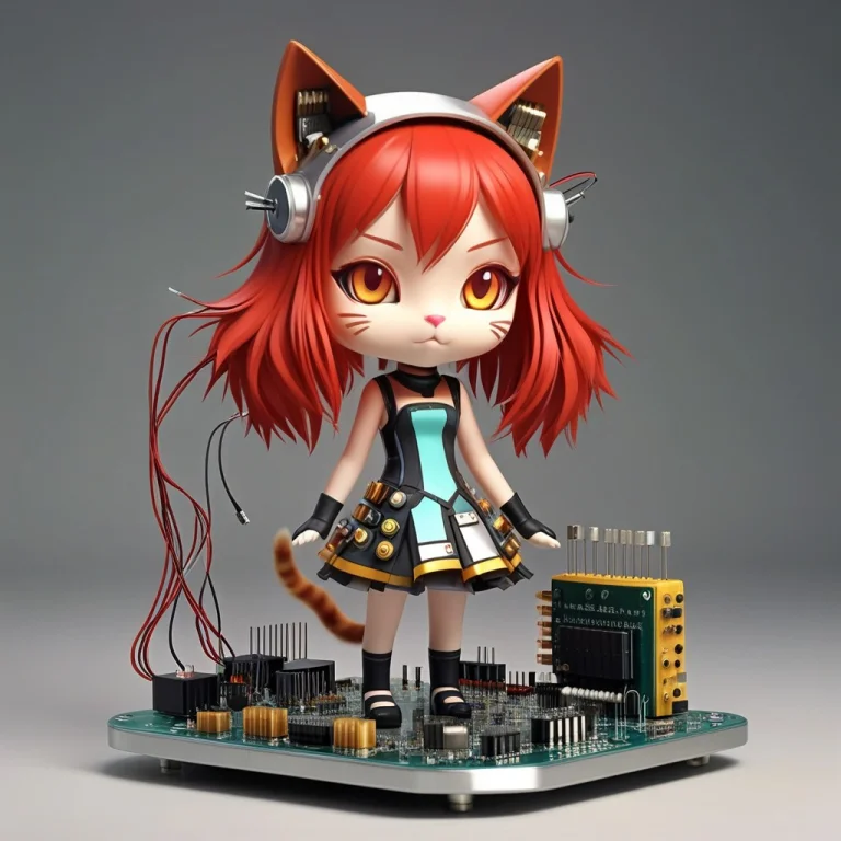 A 3d Chibi Anime Red Hair Cat Girl Wear Transistors Dresses