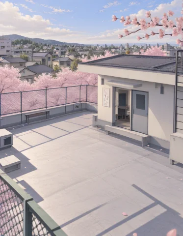 Loratraining2617621-202609221629025321 Z1os, 100 Anime, Smal... — Stable Diffusion AI Prompt: z1os, 100% anime, small Japanese school rooftop in spring, low rooftop beside b...