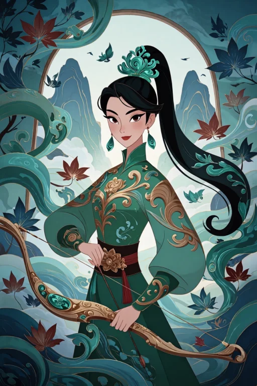 Portrait Of A Jade Archer Wearing An Elegant Forest-green Em...