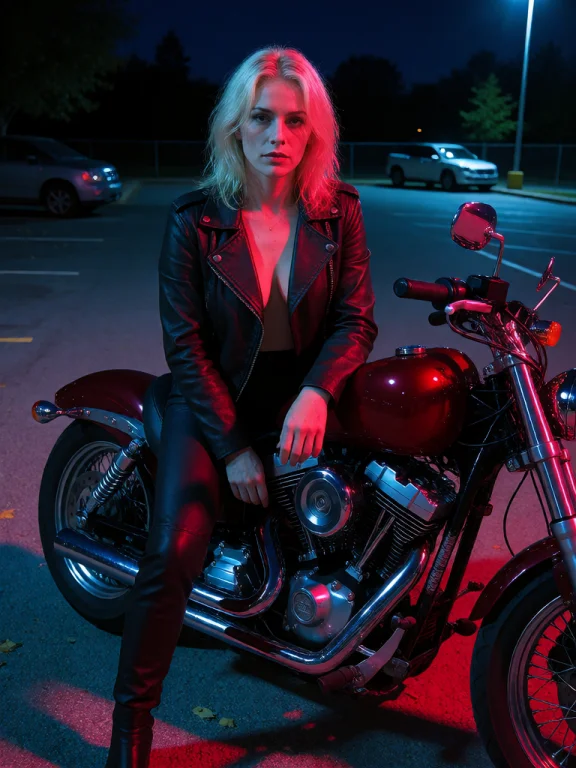 A Realistic Photograph Of A Woman Dressed In Leather, Sittin...