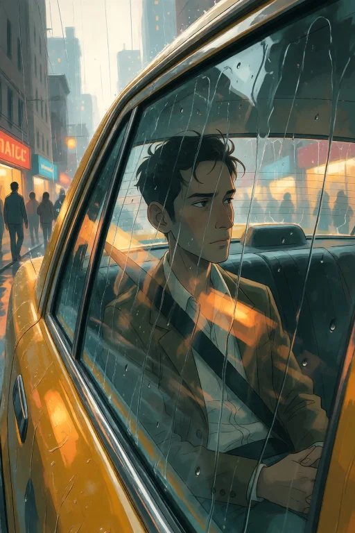 Strangedaal. A Man Sits In The Backseat Of A Taxi, His Face...