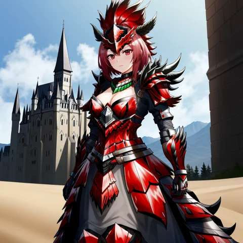 Masterpiece, 4k, Lorarathalosarmor0.5, Rathalos Armor, Woman... — Stable Diffusion AI Prompt: Masterpiece, 4K, , rathalos armor, woman wearing rathalos armor, castle backgrou...