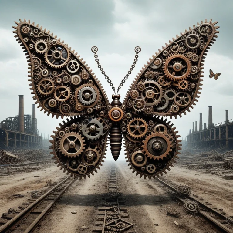 A Butterfly With Wings Made Of Gears Flying Over A Desolated...