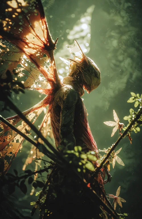 A Towering Silhouette Rises Within A Verdant Void, Its Form...