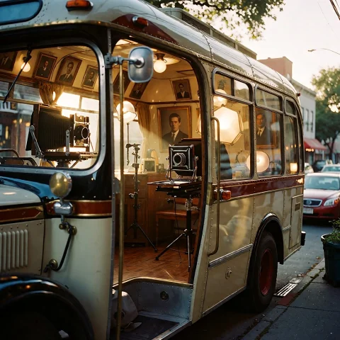 A Mobile Artistic Studio Vehicle, Specifically A Retro-fitte... — Stable Diffusion AI Prompt: A mobile artistic studio vehicle, specifically a retro-fitted vintage bus, parke...