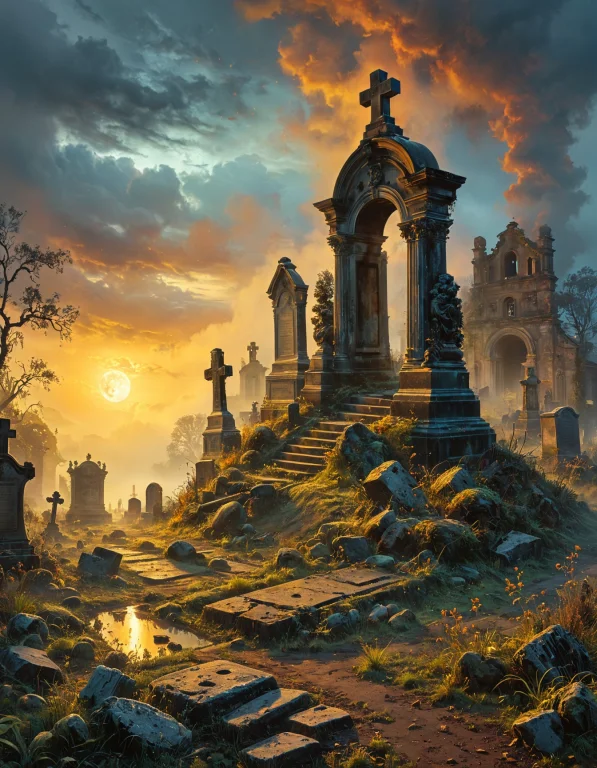 Old Spooky Abandoned Cemetery, Old Rotten Broken Gravestone,...