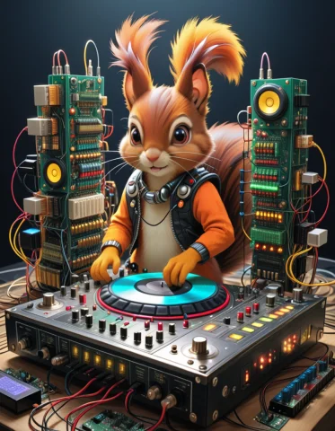Dj Squirrels At A Rave Made Of Transistors, Lazypos, Loraadd... — SDXL AI Prompt: DJ Squirrels at a rave made of Transistors, lazypos, 