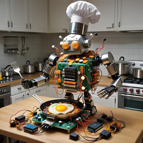 Transistors, A Hilarious Robotic Chef Completely Constructed... — SDXL AI Prompt: Transistors, a hilarious robotic chef completely constructed from dense colorful...