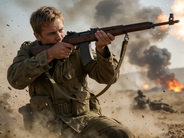Soldier Aiming Rifle In Desert Battle Explosions Smoke Backg...