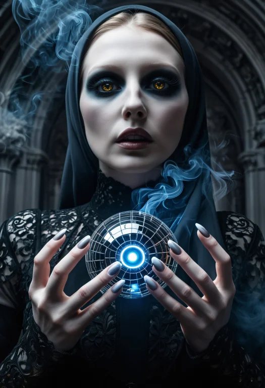 The Image Portrays A Woman In A Black Veil, Holding A Blue C...