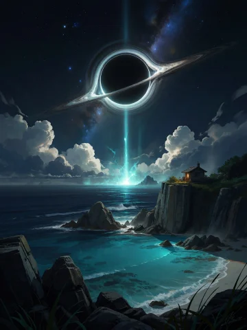 Subject A Colossal, Ringed Black Hole Dominating The Upper C... — Stable Diffusion AI Prompt: SUBJECT: A colossal, ringed black hole dominating the upper center of the night...