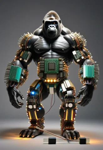 Transistors, A Muscular Gorilla Assembled From Colorful Tran... — SDXL AI Prompt: Transistors, a muscular gorilla assembled from colorful transistors and microchi...