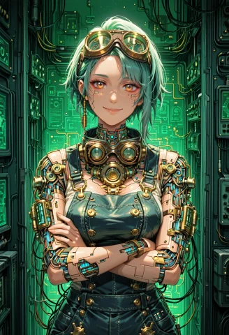 Photo Of A Female Artificer In The Cyberpunk-steampunk Cross... — Stable Diffusion AI Prompt: photo of a female artificer in the cyberpunk-steampunk crossover world. she is i...