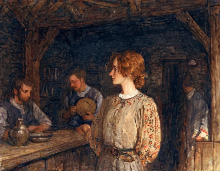 Colored Lithograph Depicts A Medieval European Tavern Scene...