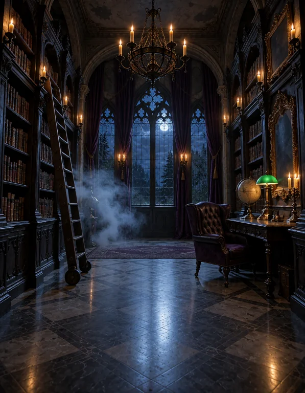 G0th1c M4ns10n, Photorealistic Vast Gothic Mansion Library,...