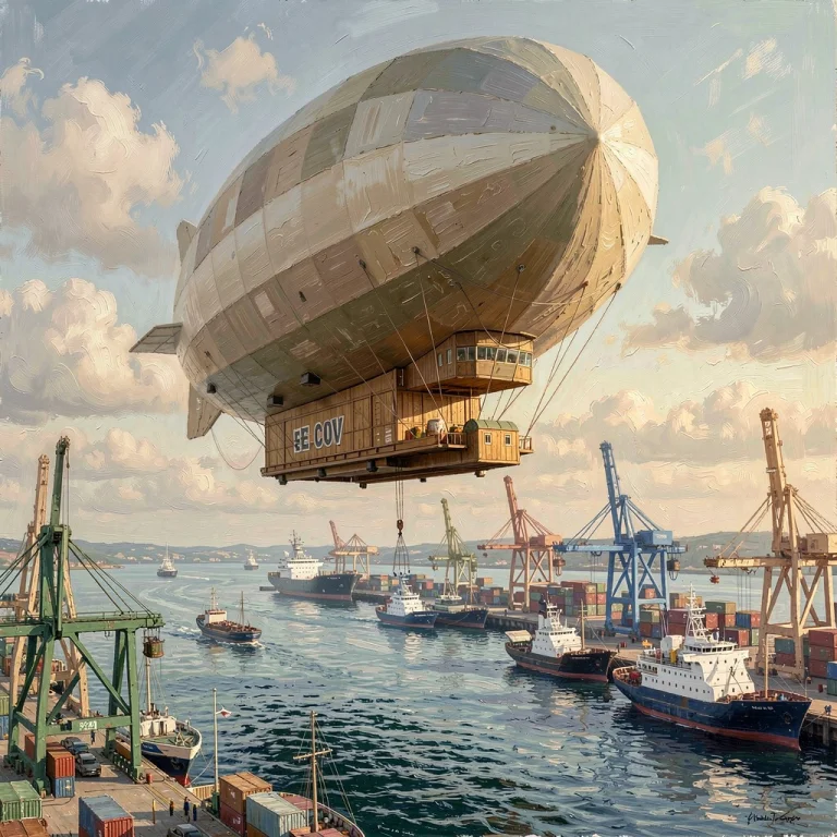 A Cargo Airship Moored Above A Busy Port, Impasto Texture, S...