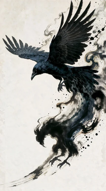 A Dramatic Black Crow Captured Mid-flight With Enormous Wing...