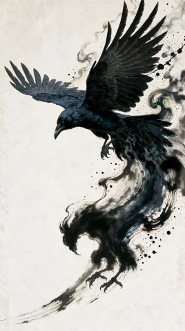A Dramatic Black Crow Captured Mid-flight With Enormous Wing... — Stable Diffusion AI Prompt: A dramatic black crow captured mid-flight with enormous wings spread wide, its b...