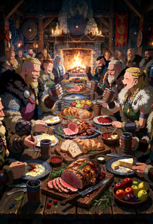 Fantasy Anime, Table-level View Inside A Viking Longhouse. M...
