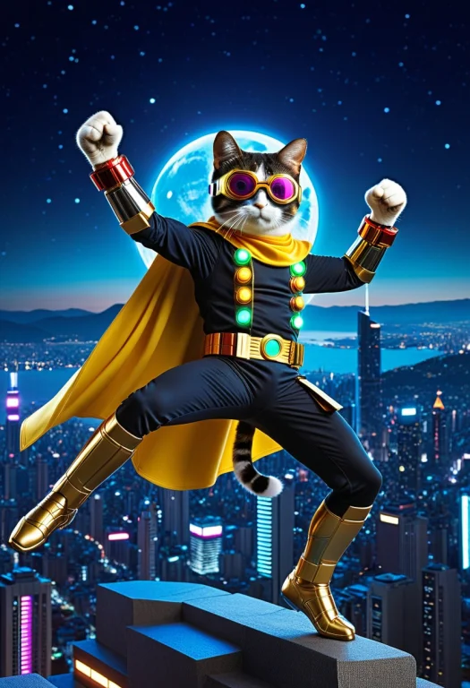 Closeup Colorful Transistor Hero Cat, Dynamic Martial Arts F...
