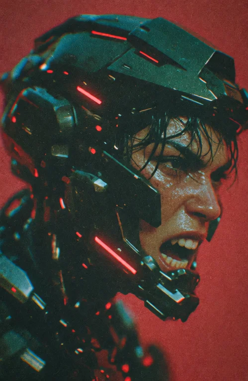 A Close-up Profile Of A Cyborg Warrior In An Advanced Combat...