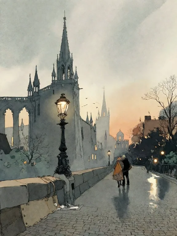 Bradhamel Art Style. A Watercolor Painting Of A Misty, Atmos...