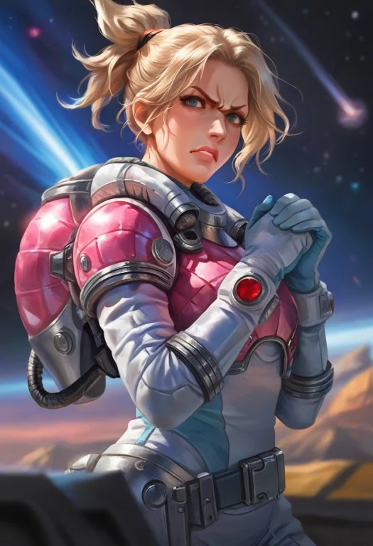 A Blonde Woman With An Angry Expression, Her Hair Tied Into...