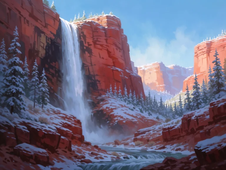 Waterfall In Red Rock Canyon Snow Covered Pine Trees Blue Sk...