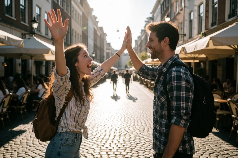 Cinematic Wide Two-shot Photograph Of Two Friends Spotting E...
