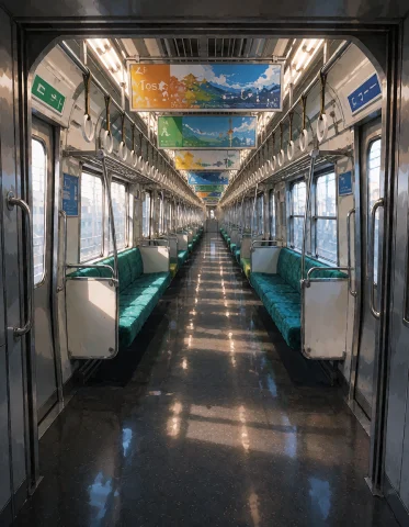 Loratraining2617621-20260929143054493-56s40.8 Z1os, Wide Est... — Stable Diffusion AI Prompt: z1os, wide establishing view from the inter-car doorway of an empty modern Japa...