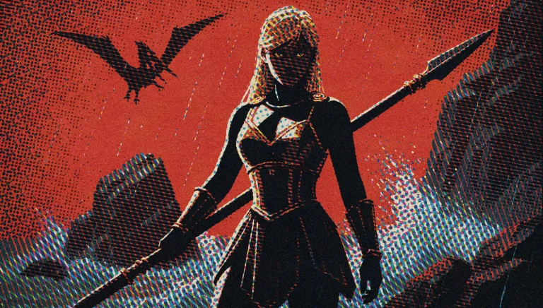 A Noir-style Illustration Of A Blonde Warrior Woman Standing...
