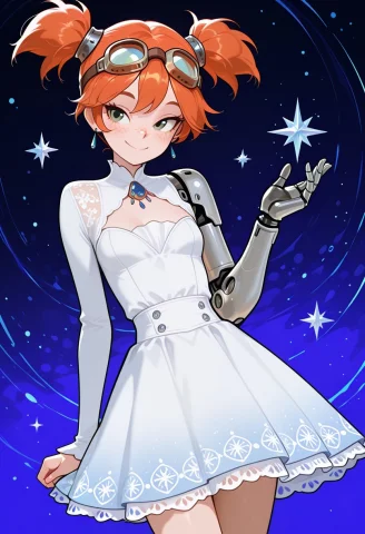 Gaige, Orange Hair, Goggles On Head, Twintails, Short Twinta... — Stable Diffusion AI Prompt: Gaige, orange hair, goggles on head, twintails, short twintails, single mechanic...