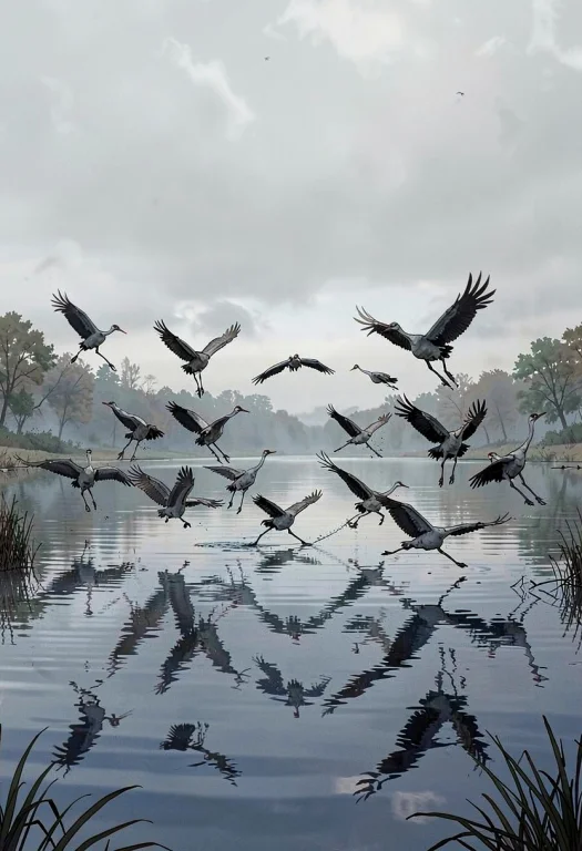 A Flock Of Cranes Lifting Off A Still Lake, Light Novel Illu...