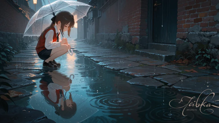 An Atmospheric Night-rain Scene Painted In A Moody Cool Blue...