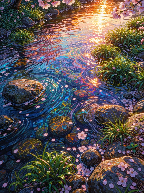 An Anime-style Illustration Of A Serene River At Sunset, Ren...