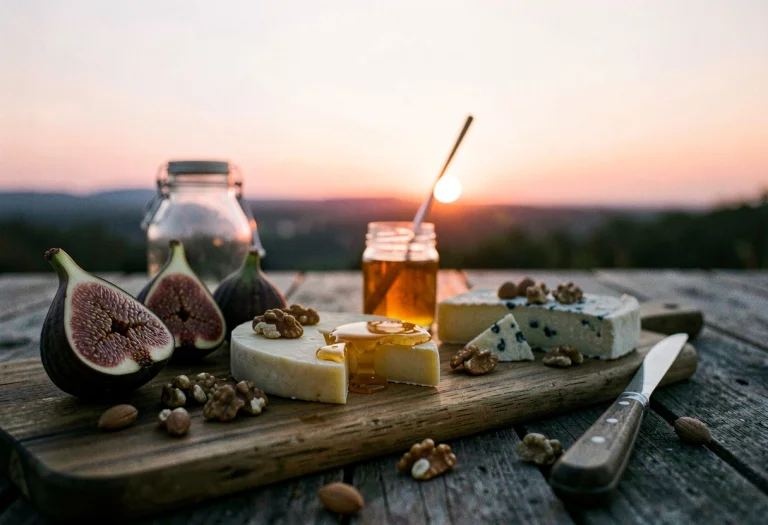 A Cheese Board With Figs, Nuts, And Honey, Film Photography,...