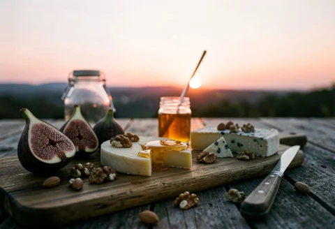 A Cheese Board With Figs, Nuts, And Honey, Film Photography,... — Stable Diffusion AI Prompt: a cheese board with figs, nuts, and honey, film photography, twilight glow, high...