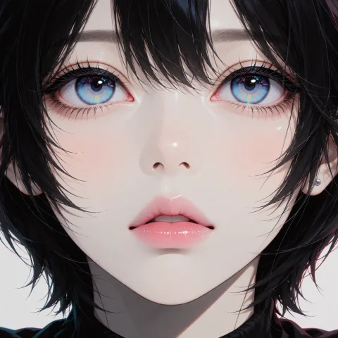 An Extreme Close-up Of A Woman With Short Black Hair, Facing... — Stable Diffusion AI Prompt: An extreme close-up of a woman with short black hair, facing the viewer directly...