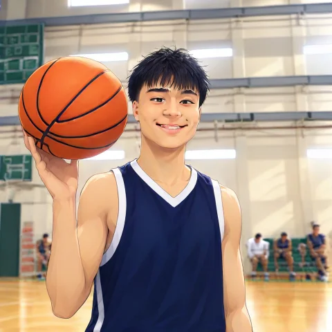 Basketball Player, Holding Ball, Grin, Varsity, Messy Hair,... — Stable Diffusion AI Prompt: basketball player, holding ball, grin, varsity, messy hair, black hair, black ey...