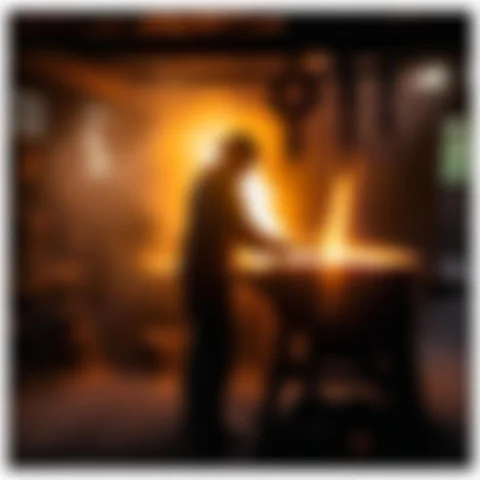 A Blacksmith Working Glowing Iron At The Forge, Documentary... — SDXL AI Prompt: a blacksmith working glowing iron at the forge, documentary photography, anamorp...