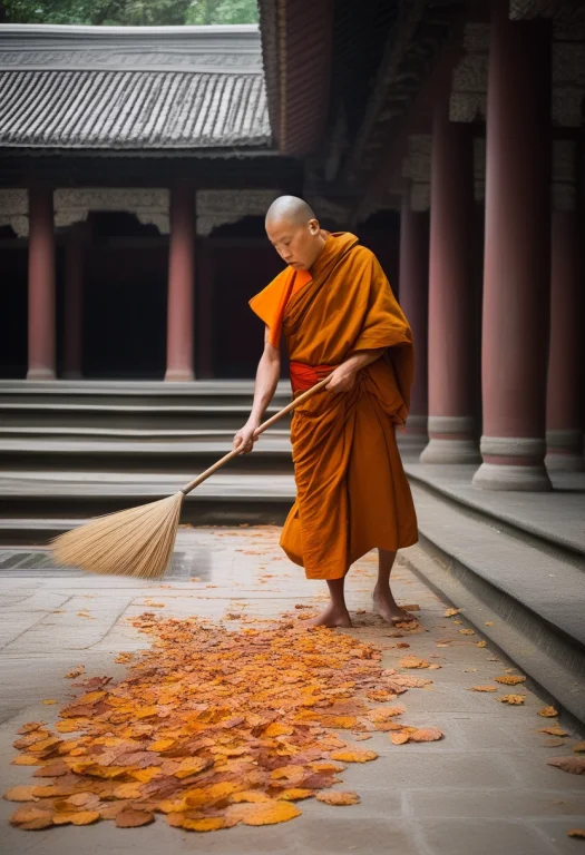 A Monk Sweeping Leaves In A Temple Courtyard, Documentary Ph...