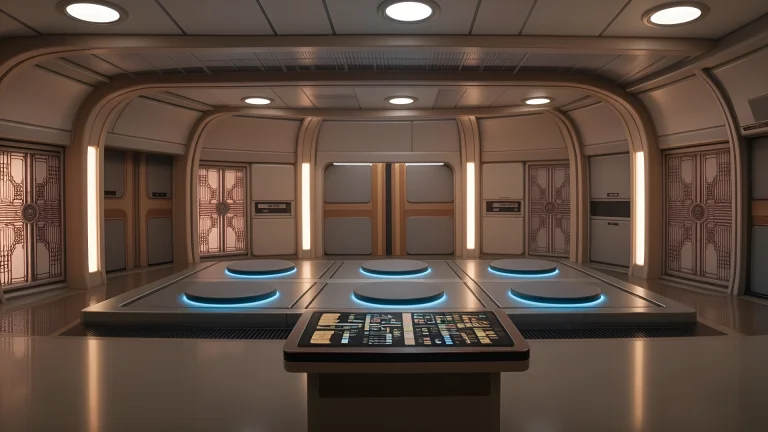 Futuristic Room Glows, Circular Pads Platform, Blue Light Ri...