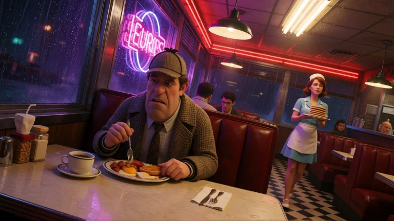 Astrocinemav01k2t. A Grumpy Adult Detective Calmly Eating Br...