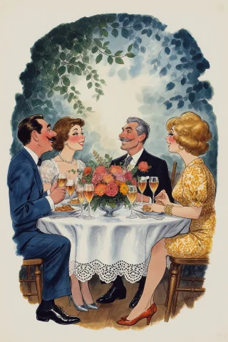 This Is A Colorful, Vintage-style Illustration Depicting A L... — Stable Diffusion AI Prompt: This is a colorful, vintage-style illustration depicting a lively, five-person d...