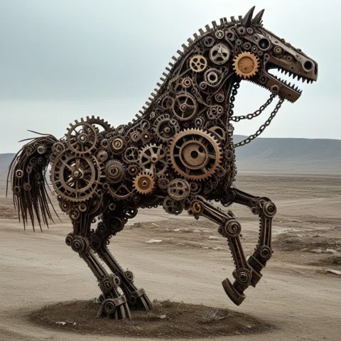 A Horce Made Of Gears Prancing On A Desolated Post Apocalipt... — SDXL AI Prompt: A horce made of gears prancing on a desolated post apocaliptic wasteland