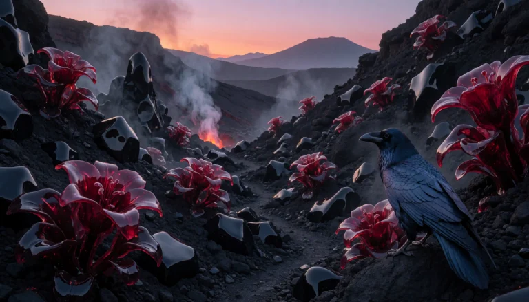 Black Obsidian Garden In A Volcanic Valley At Twilight, Tran...