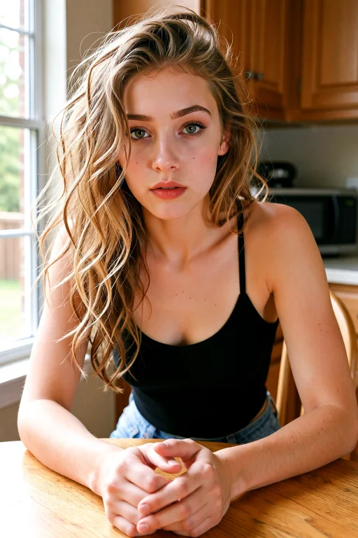 Quinn Sits At A Kitchen Table Facing The Camera, Wavy Dirty-...