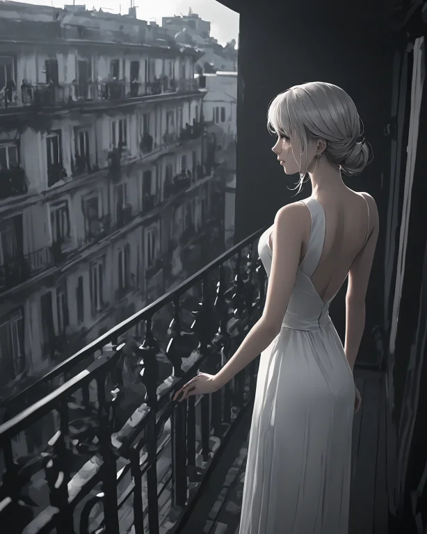 A Woman In A White Dress Standing On A Balcony,loravalyrian...