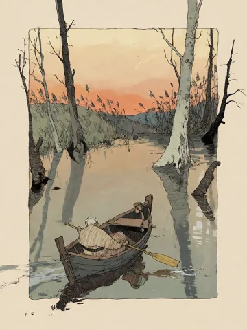 Bradhamel Art Style. A Serene, Atmospheric Illustration Of A... — Stable Diffusion AI Prompt: Bradhamel art style. A serene, atmospheric illustration of a small wooden boat w...